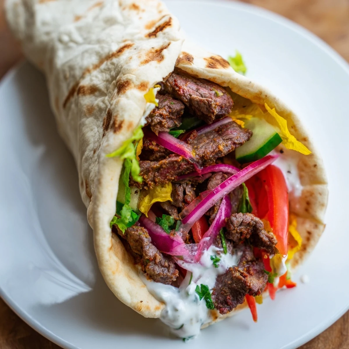 Savory Beef Shawarma Wraps, filled to the brim with tender beef and creamy yogurt sauce, ready to eat.