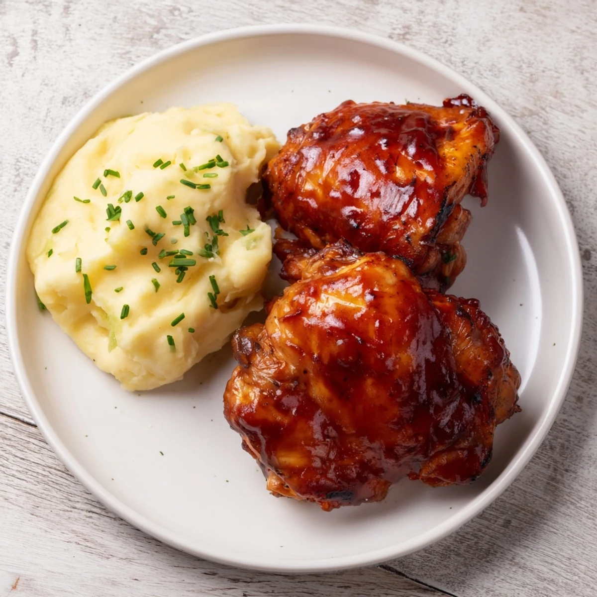 Tender, juicy Honey BBQ Chicken Thighs with a sweet and smoky glaze next to creamy garlic mashed potatoes.