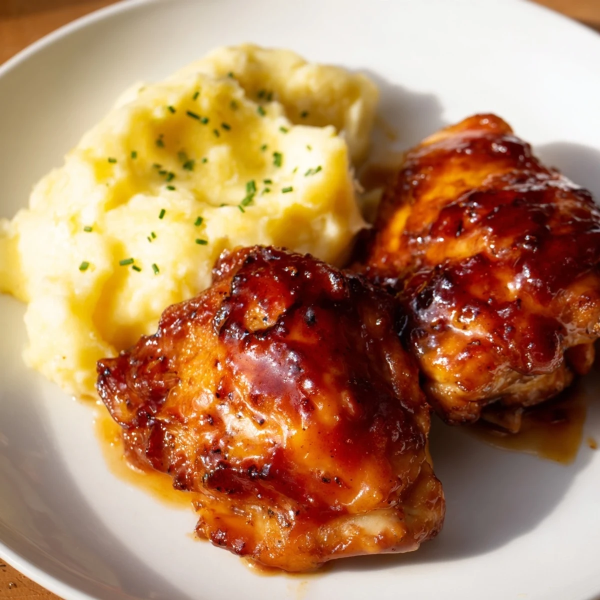 A plate of flavorful Honey BBQ Chicken Thighs with garlic mashed potatoes, ready for a delicious dinner.