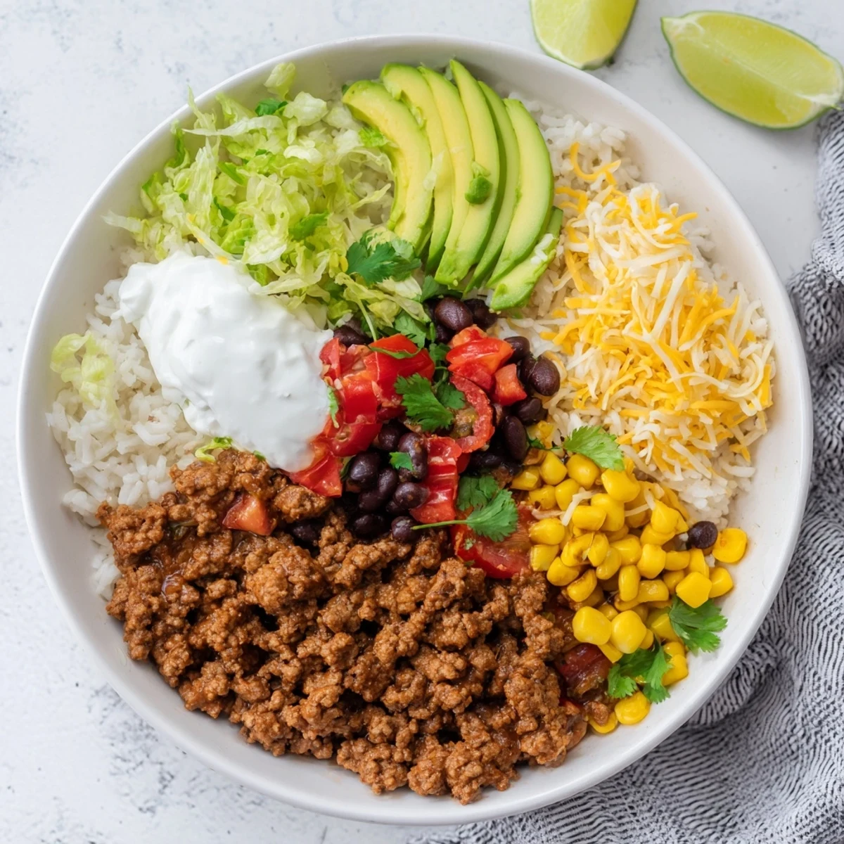 A delicious Loaded Beef Burrito Bowl, filled with seasoned beef, colorful veggies, and creamy toppings.