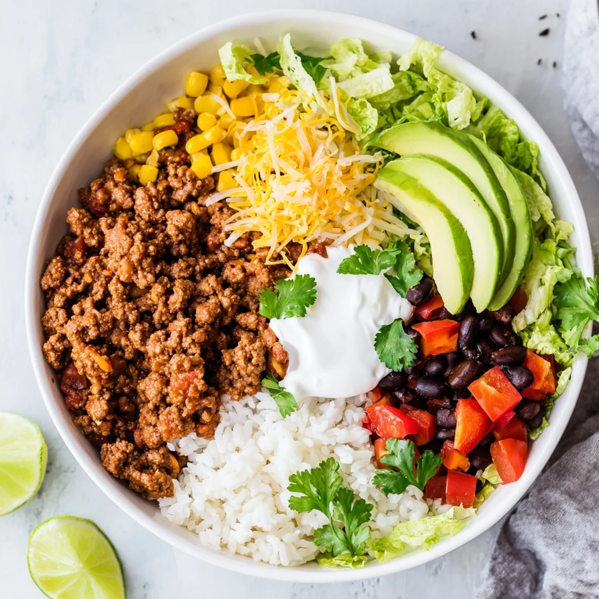 This image shows a beautifully arranged Loaded Beef Burrito Bowl, a flavorful and satisfying Tex-Mex meal idea.