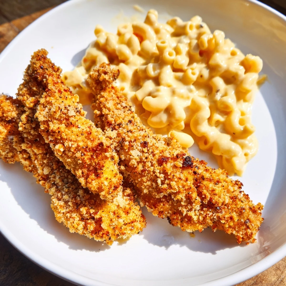 Golden, crispy chicken tenders with creamy macaroni and cheese, a classic American comfort food meal.