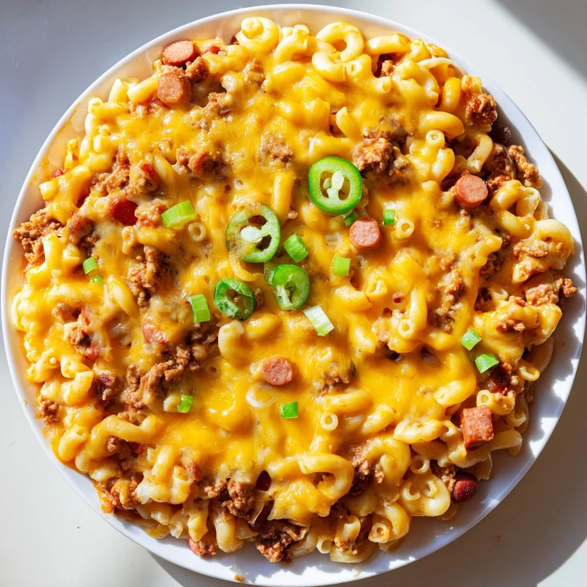 Creamy Chili Cheese Dog Mac & Cheese, bubbling in a baking dish, offers a comforting, cheesy aroma.