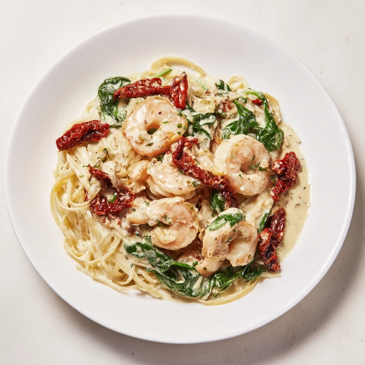 Golden Tuscan Garlic Shrimp Pasta, a creamy Italian delight with shrimp, tomatoes, and spinach.
