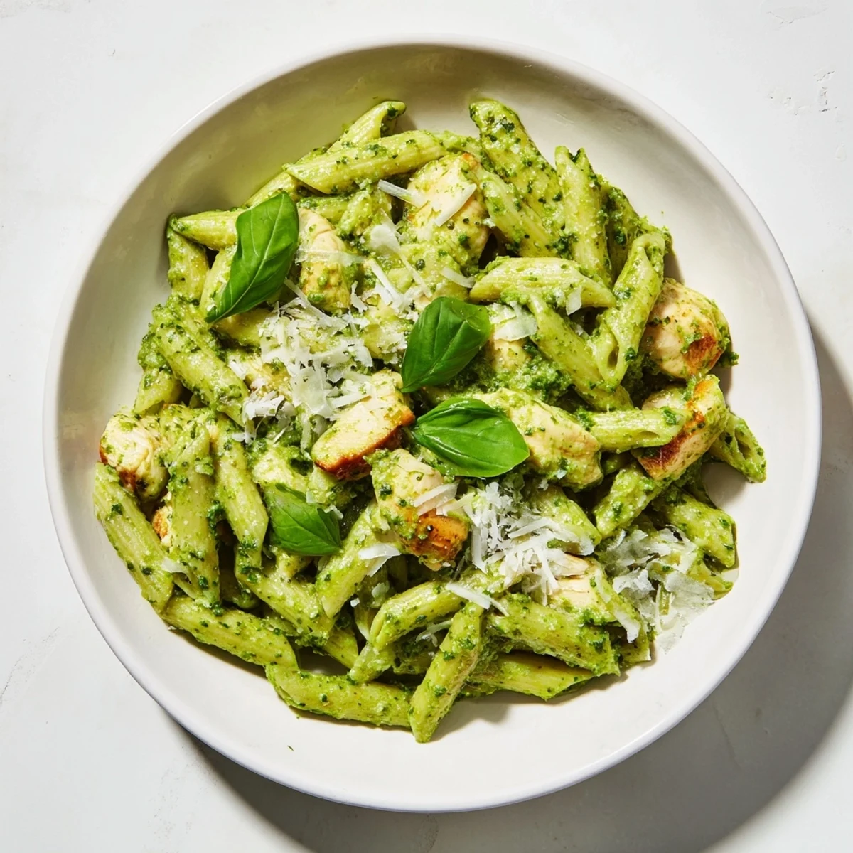 Savory Creamy Pesto Penne & Chicken features tender chicken and pasta swimming in a rich, flavorful sauce.