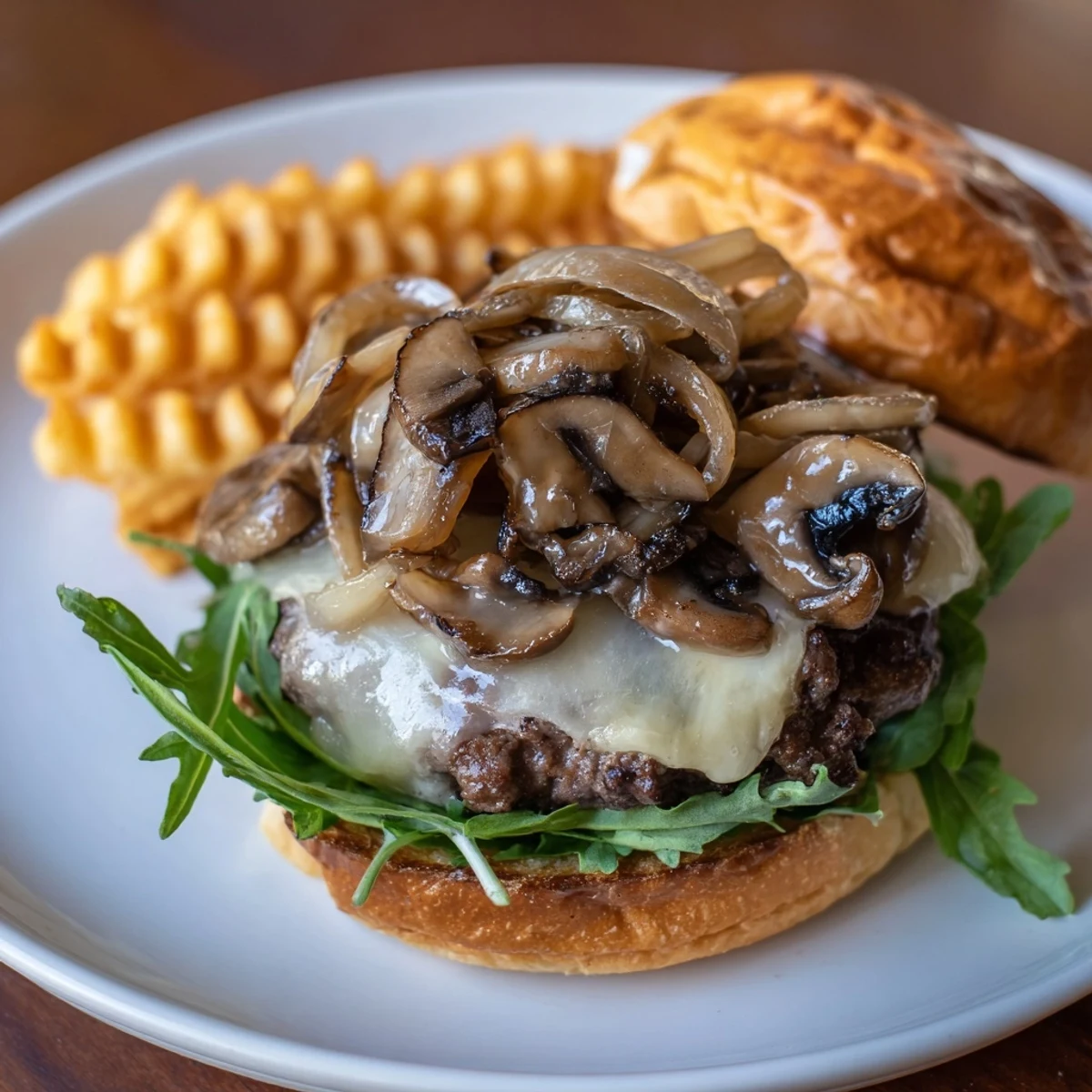 That Mushroom Swiss Burger showcases perfectly grilled beef, sautéed mushrooms, and crisp waffle fries, served hot.