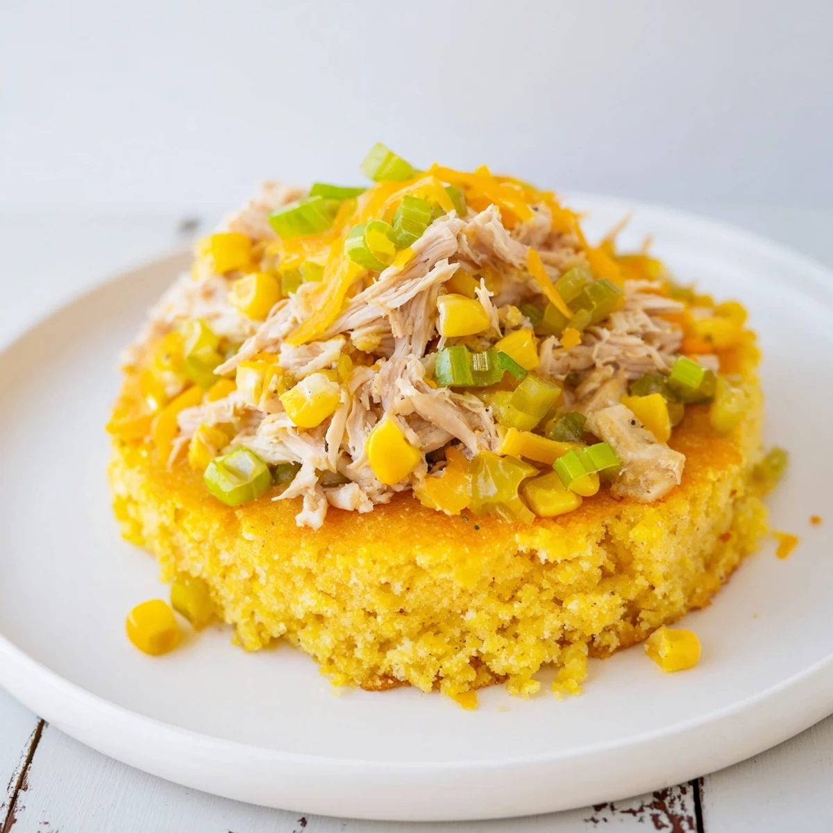 Golden, bubbly Southern Cornbread Chicken Casserole, a warm and savory comfort food meal.