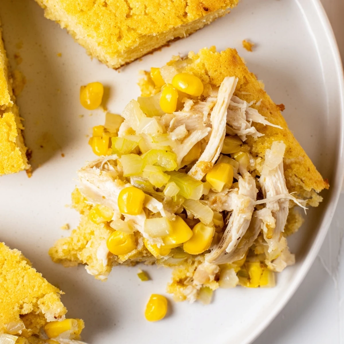 A close-up view of Southern Cornbread Chicken Casserole with a perfectly browned cornbread crust.