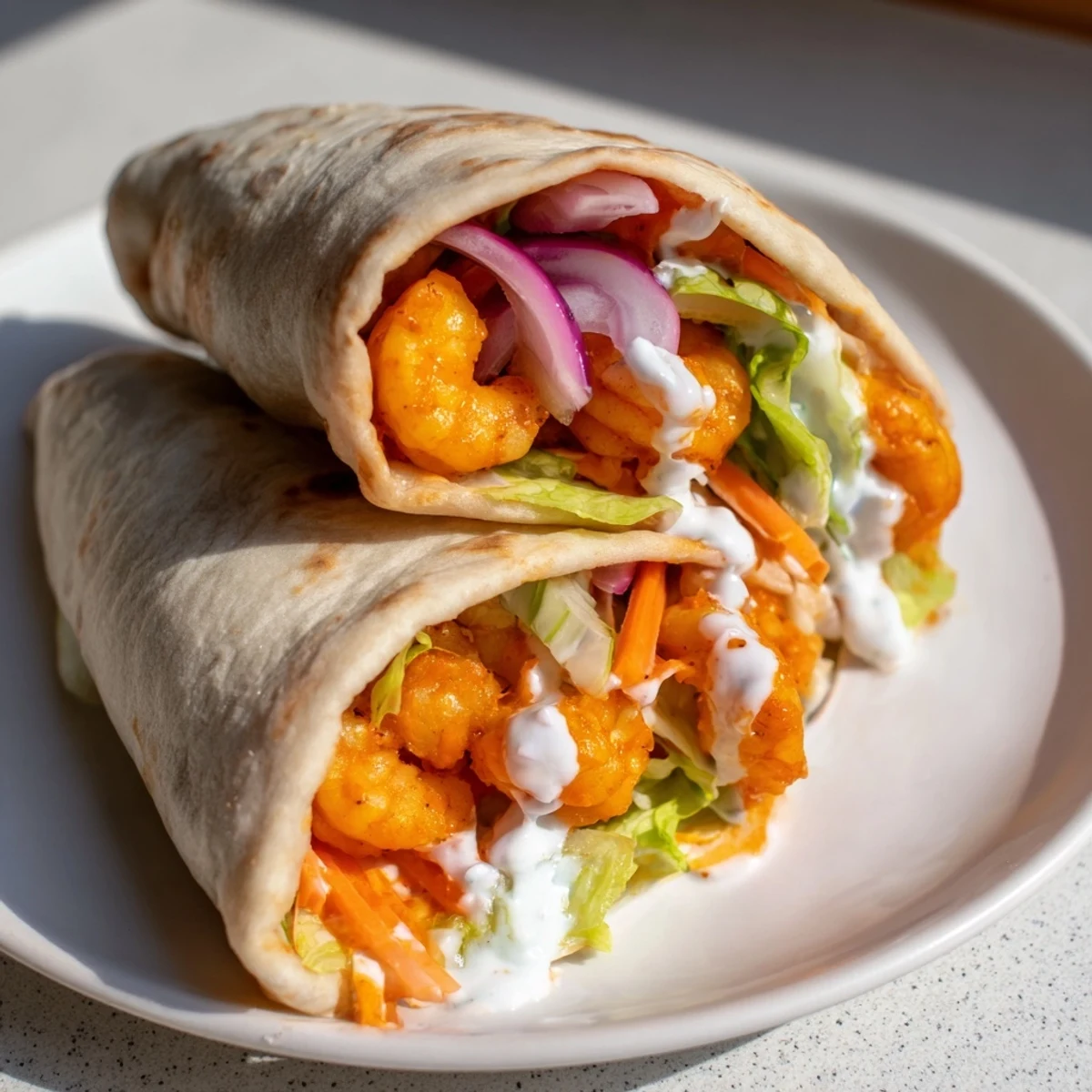 Vibrant photo: Spicy buffalo shrimp wraps, the perfect easy American meal, ready to serve and enjoy.