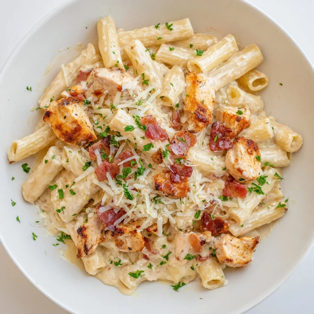 Creamy Ranch Chicken & Bacon Penne with golden chicken and crispy bacon atop pasta, ready to serve.