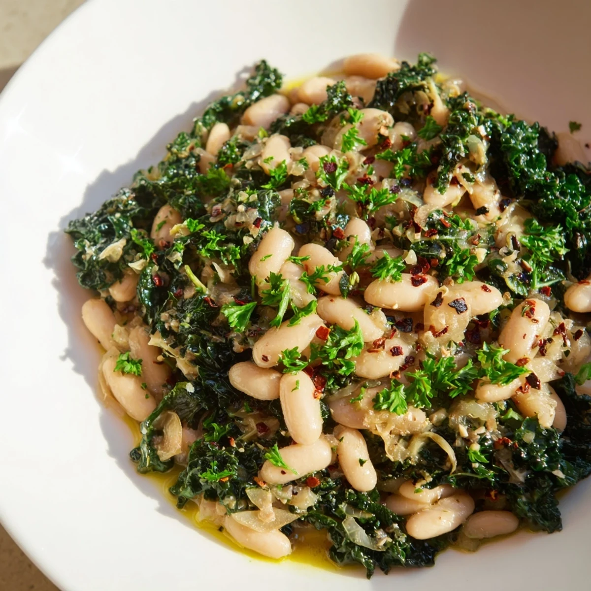 Fragrant garlicky beans with winter greens, a rustic Mediterranean dish perfect for a cozy dinner.