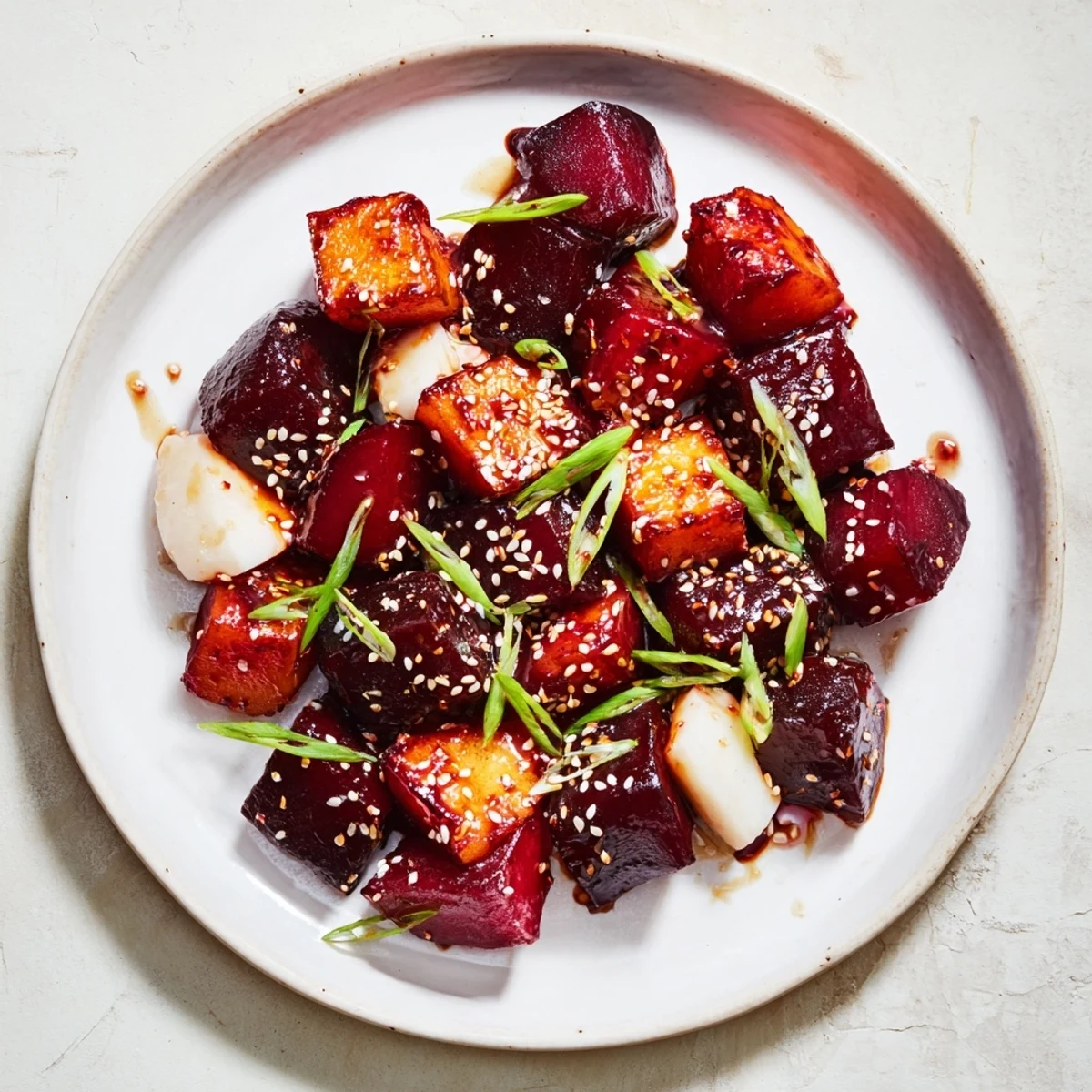 Golden-brown miso roasted winter vegetables with a glistening glaze for a delicious side dish.