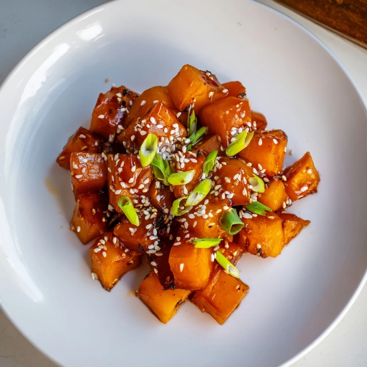 Textured close-up of colorful miso roasted winter vegetables, a vegetarian delight, ready to eat.