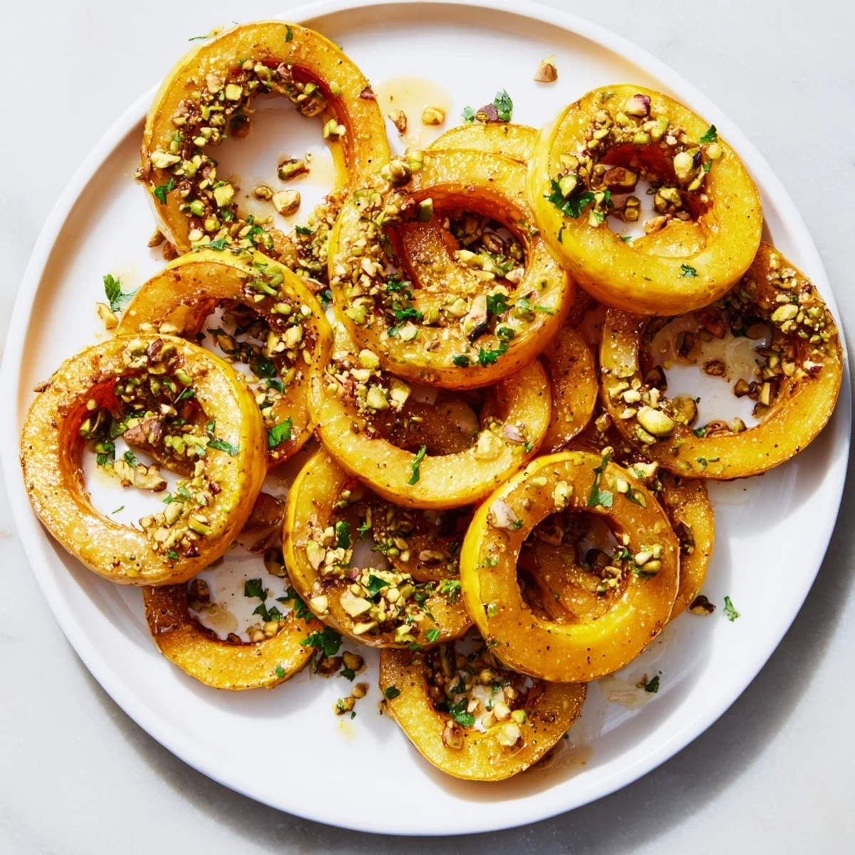 Close-up of baked delicata squash rings: tender, sweet, and perfectly caramelized with a lovely glaze.