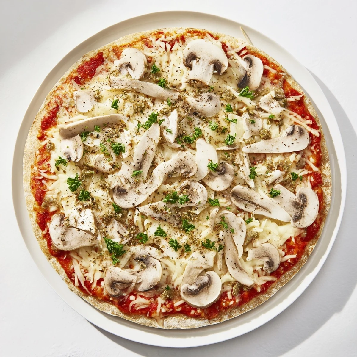 Sliced and steaming, this homemade Frozen Pizza Upgrade features extra cheese and savory mushrooms.