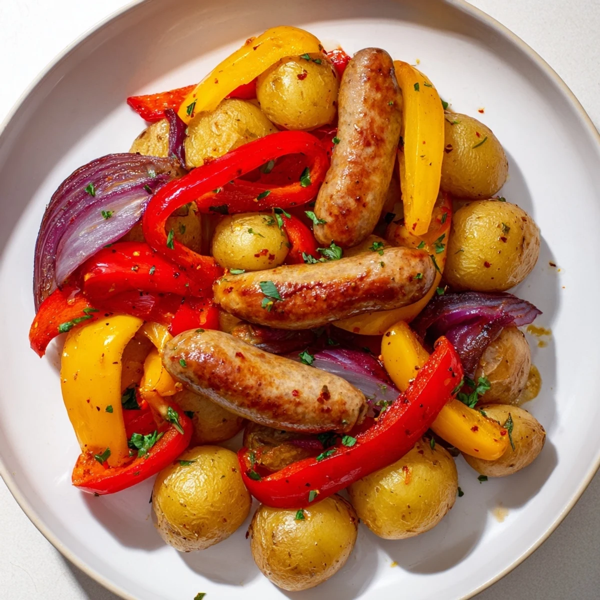 A close-up of sheet-pan sausage with colorful peppers, onions, and potatoes, sizzling after being baked.