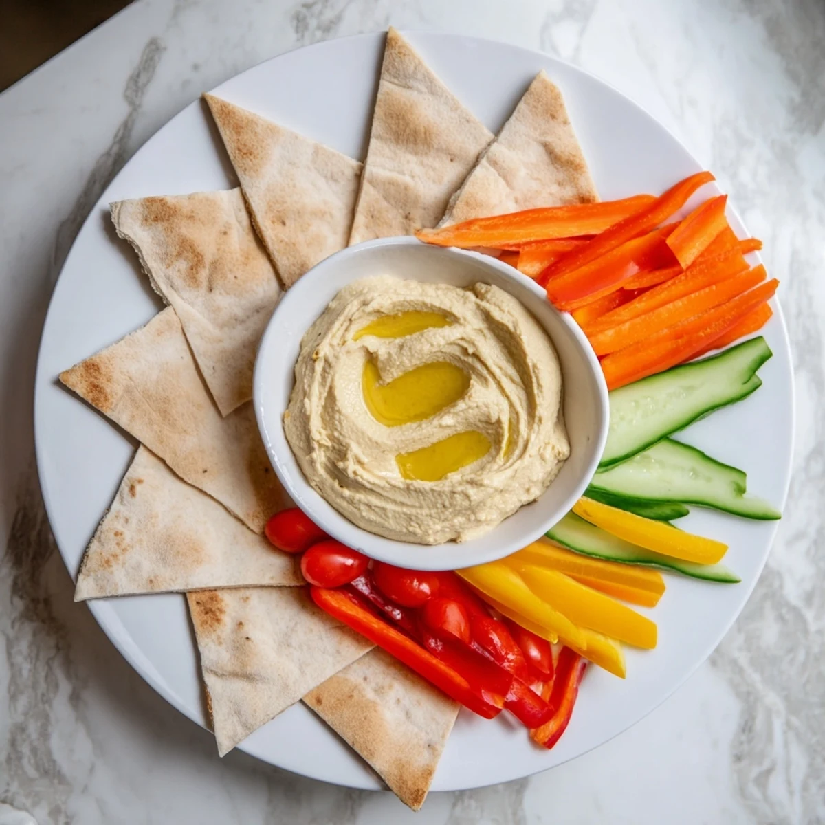Creamy homemade hummus, with warm pita and colorful veggie sticks, a perfect DIY Mediterranean snack.
