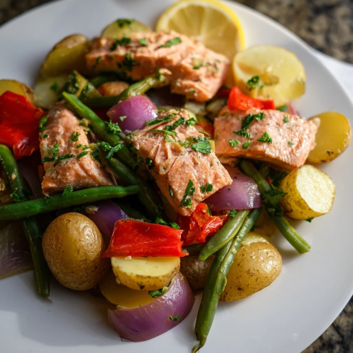 Golden-brown Salmon & Potato Skillet with flaky fish, tender potatoes, and colorful vegetables for dinner.