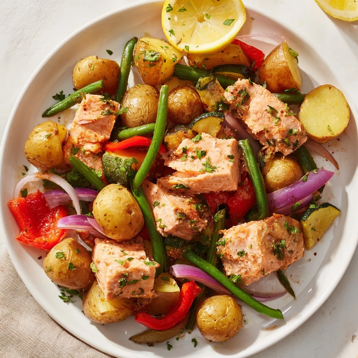 Imagine the flavors of this hearty Salmon & Potato Skillet with tender salmon and seasoned vegetables.