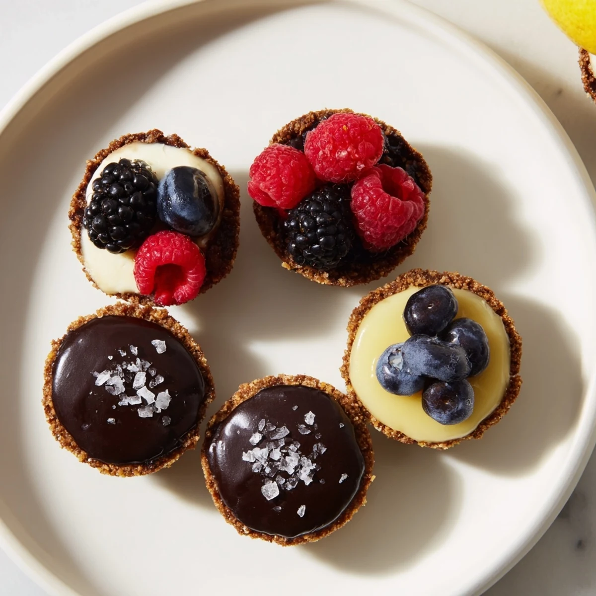 Sweet trio of mini dessert bites: creamy cheesecakes and chocolate tarts, glistening with toppings, ready.