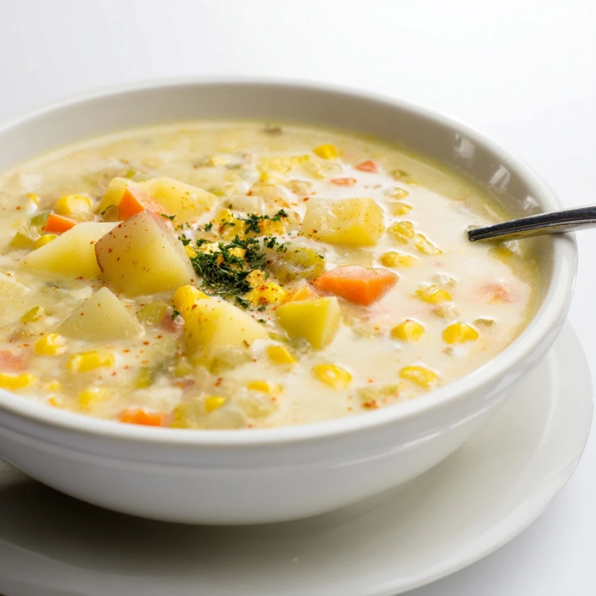 A steaming bowl of comforting Corn & Potato Chowder with a rich, savory broth, perfect for a cozy night.