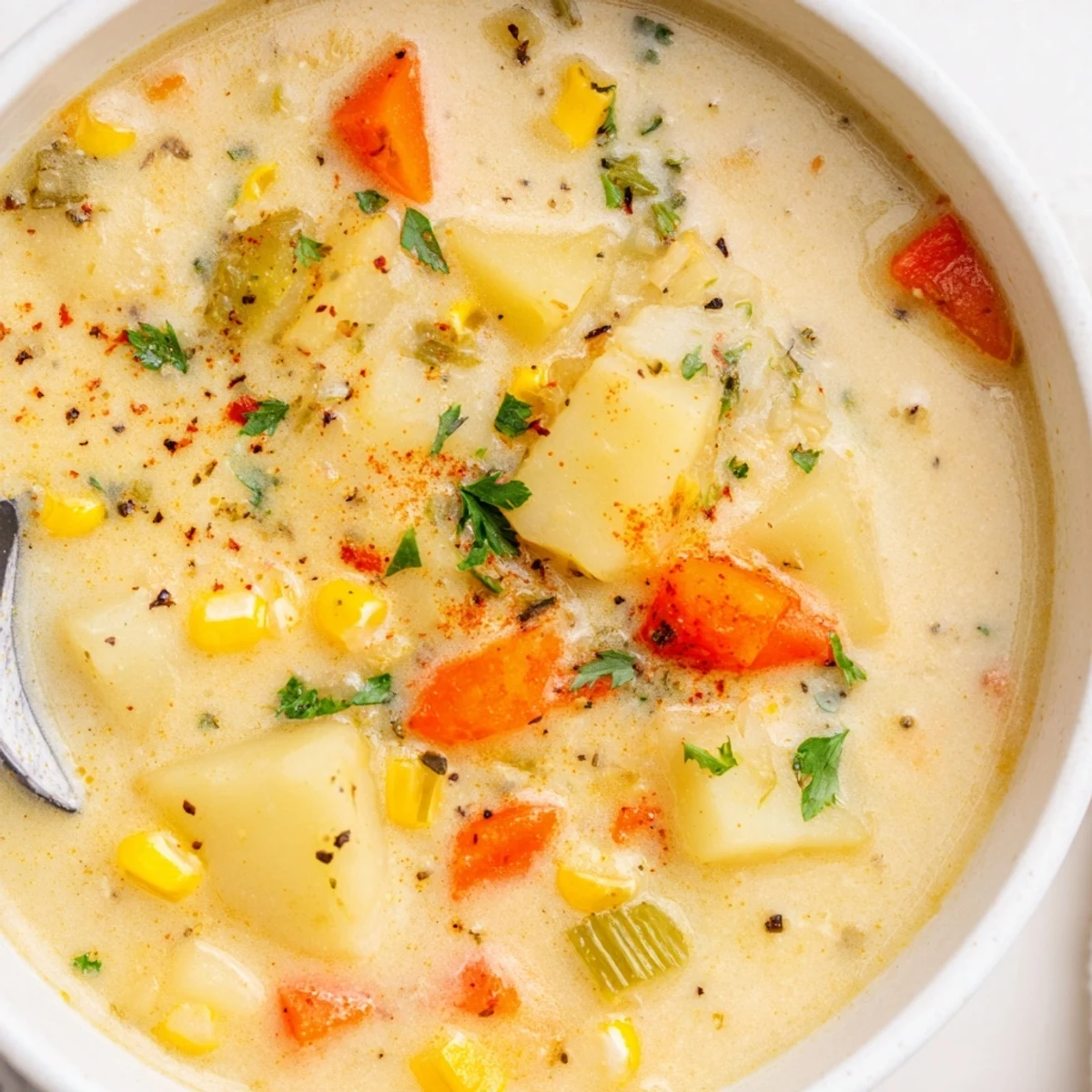 Creamy, golden Corn & Potato Chowder in a bowl, garnished with fresh parsley and ready to eat.