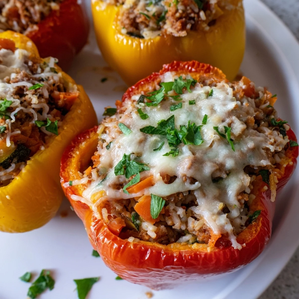 Savory stuffed peppers with ground turkey and bubbling cheese, a hearty American dinner.