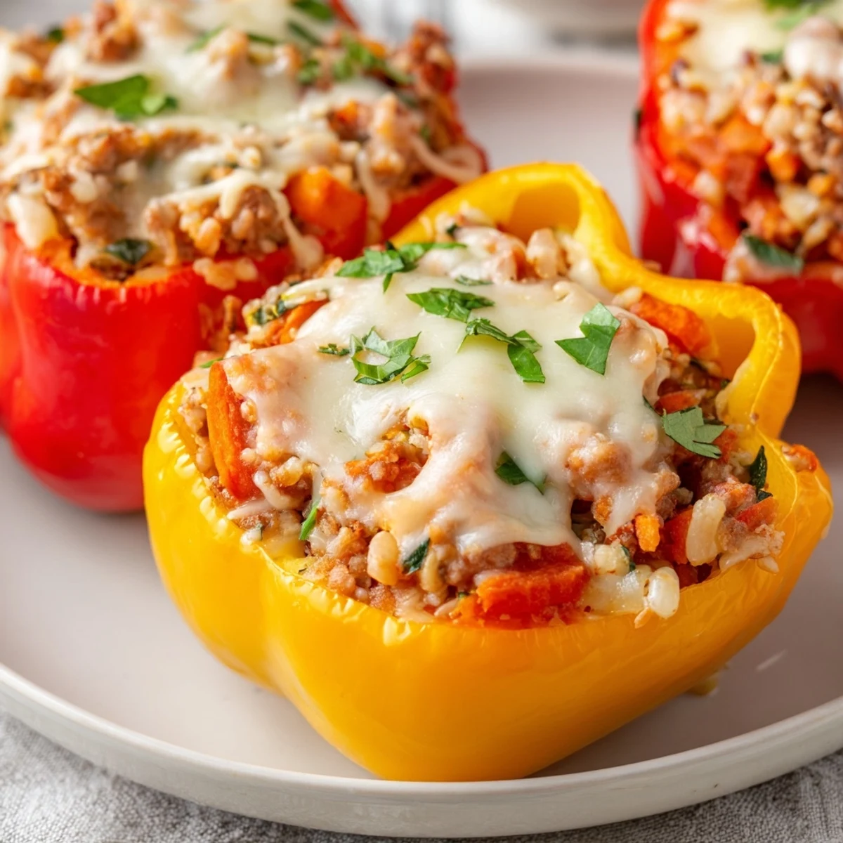 A close-up of golden-baked stuffed peppers brimming with ground turkey and rice filling.