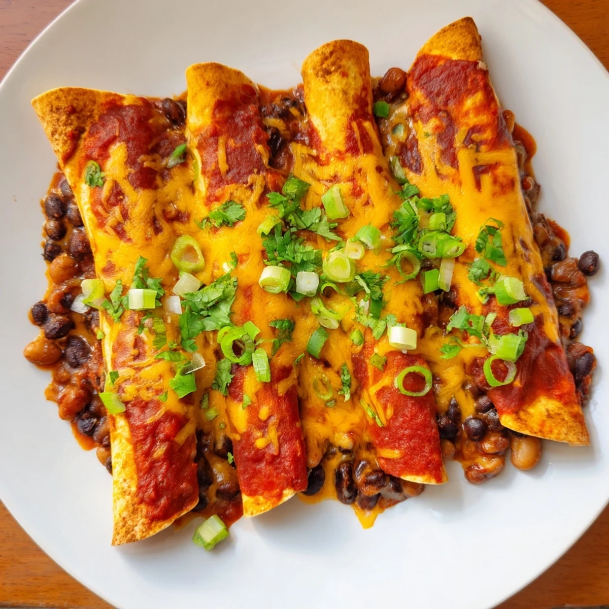 Golden, melted cheese bubbling on top of baked Cheesy Bean Enchiladas; a comforting main dish.