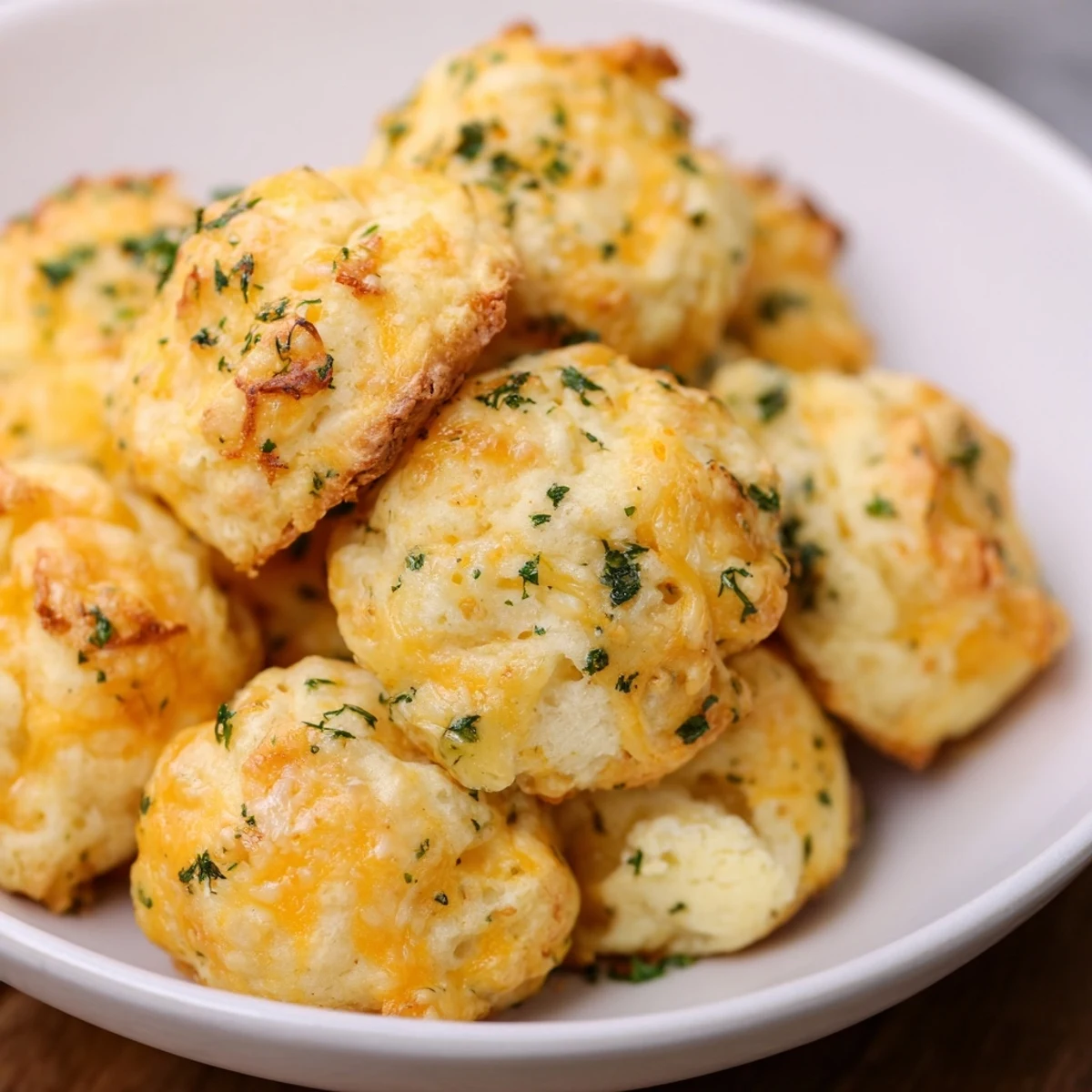 Freshly baked and savory Mini Cheddar Bay Biscuits, enticing with garlic aroma, a vegetarian delight.
