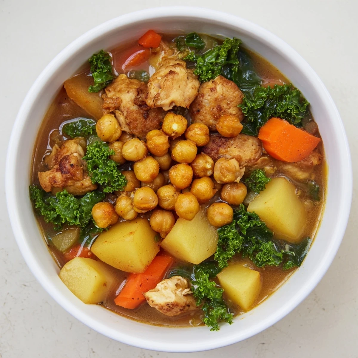 Close-up of Chicken Kale Soup with Crispy Chickpeas, a warm bowl ready to eat with golden chickpeas.