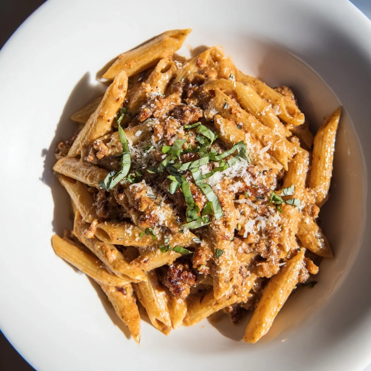 Sizzling Italian sausage blended with creamy tomato sauce atop the delicious pasta dish.