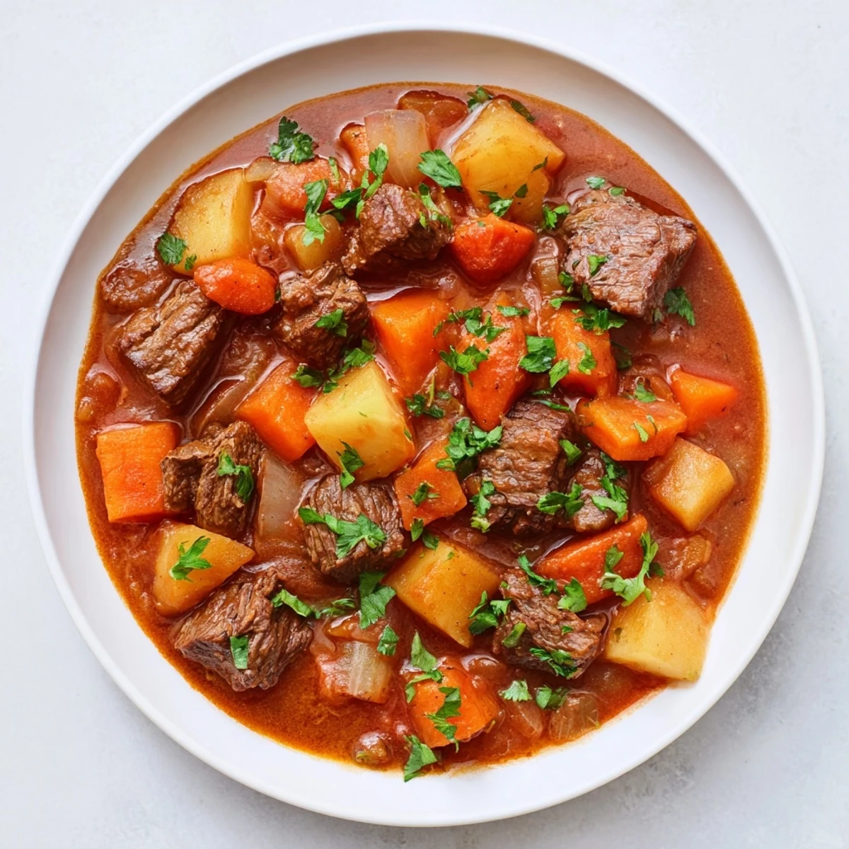 Steaming hot Instant Pot Beef Stew with vibrant root vegetables, perfect for a cozy, family supper.