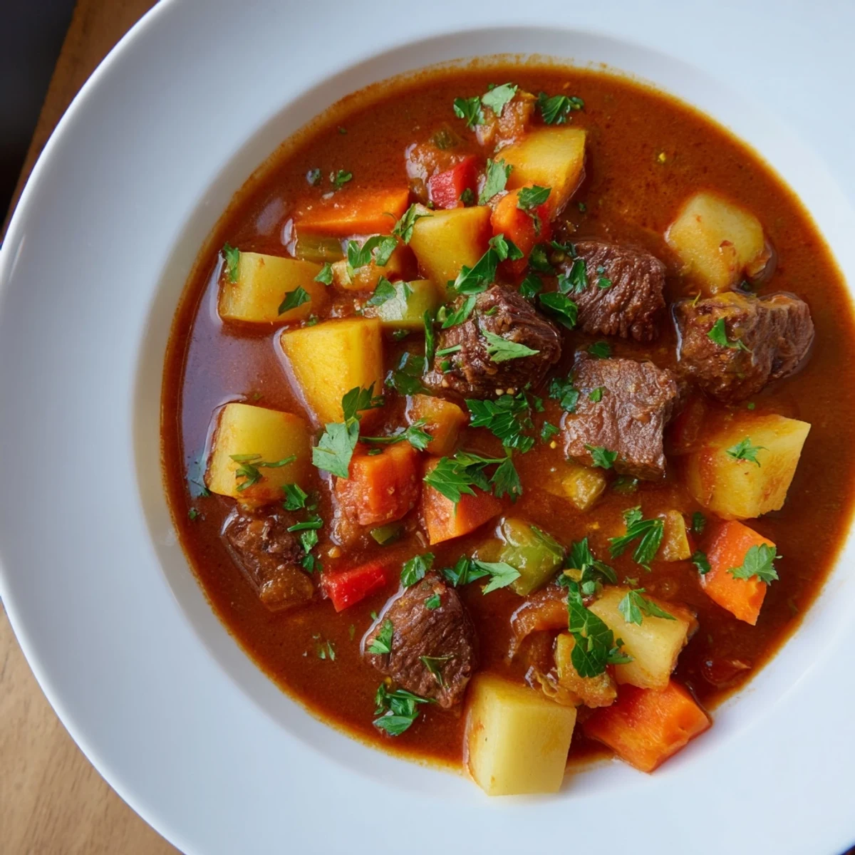 A close-up shot of rich, savory Instant Pot Beef Stew, showcasing tender beef and hearty chunks.