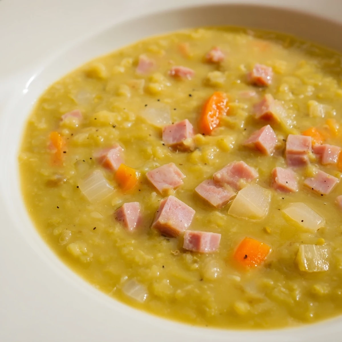 Hearty split pea and ham soup, a thick, flavorful bowl of comfort with visible ham pieces and vegetables.