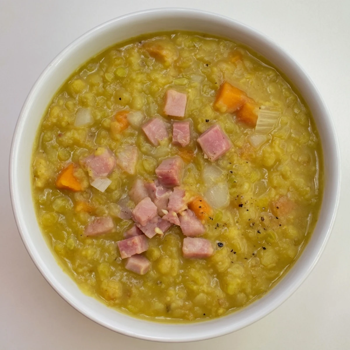 Steaming hot, this hearty split pea and ham soup presents with a deep green hue and enticing aroma.