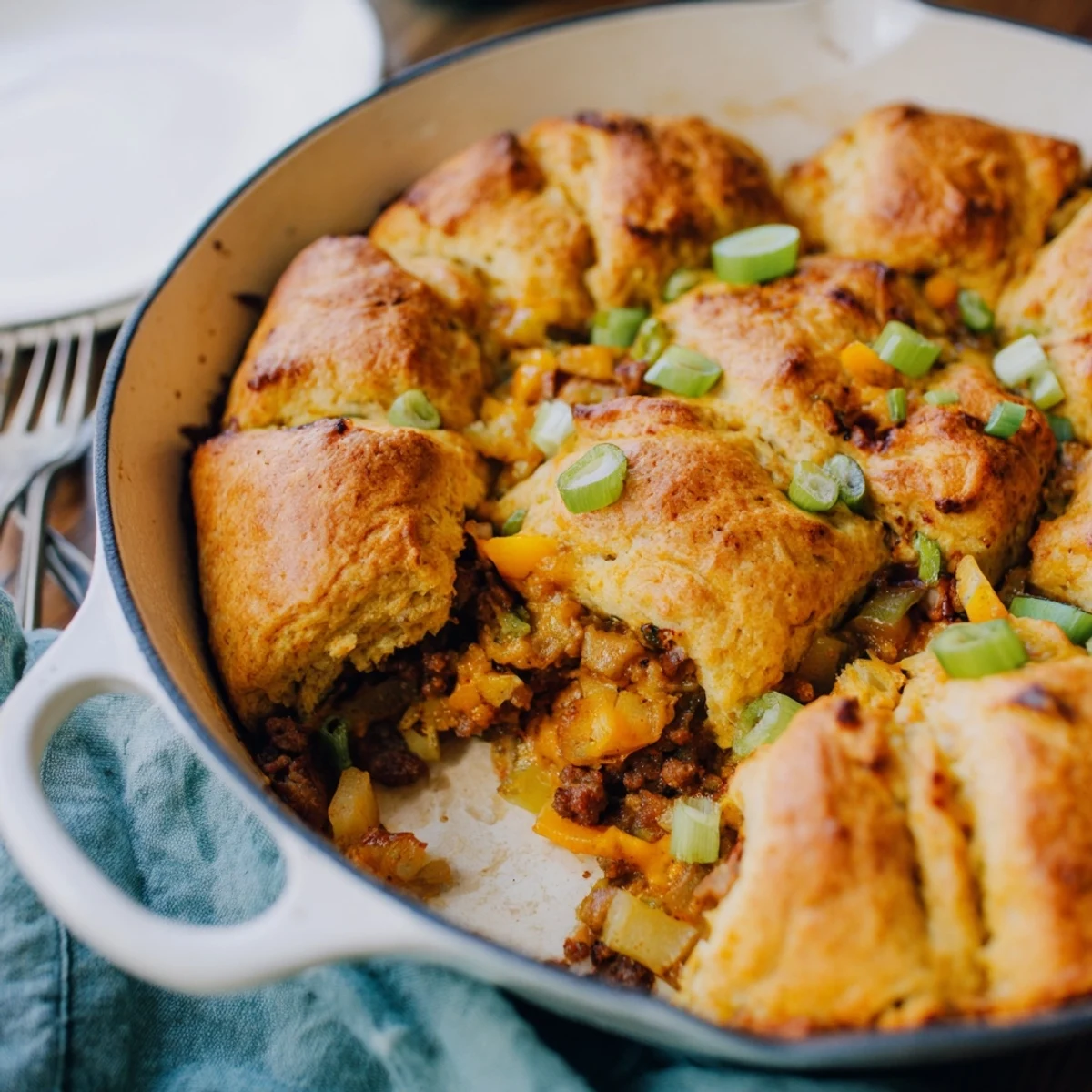 Imagine a rustic skillet showcasing a fluffy Savory Apple, Sausage, and Cheddar Scone, fresh from the oven.