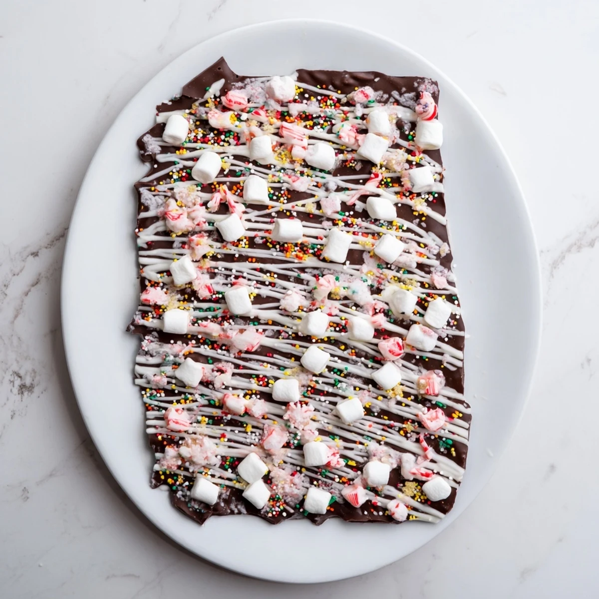 Delicious, shareable pieces of festive hot chocolate bomb bark topped with marshmallows.