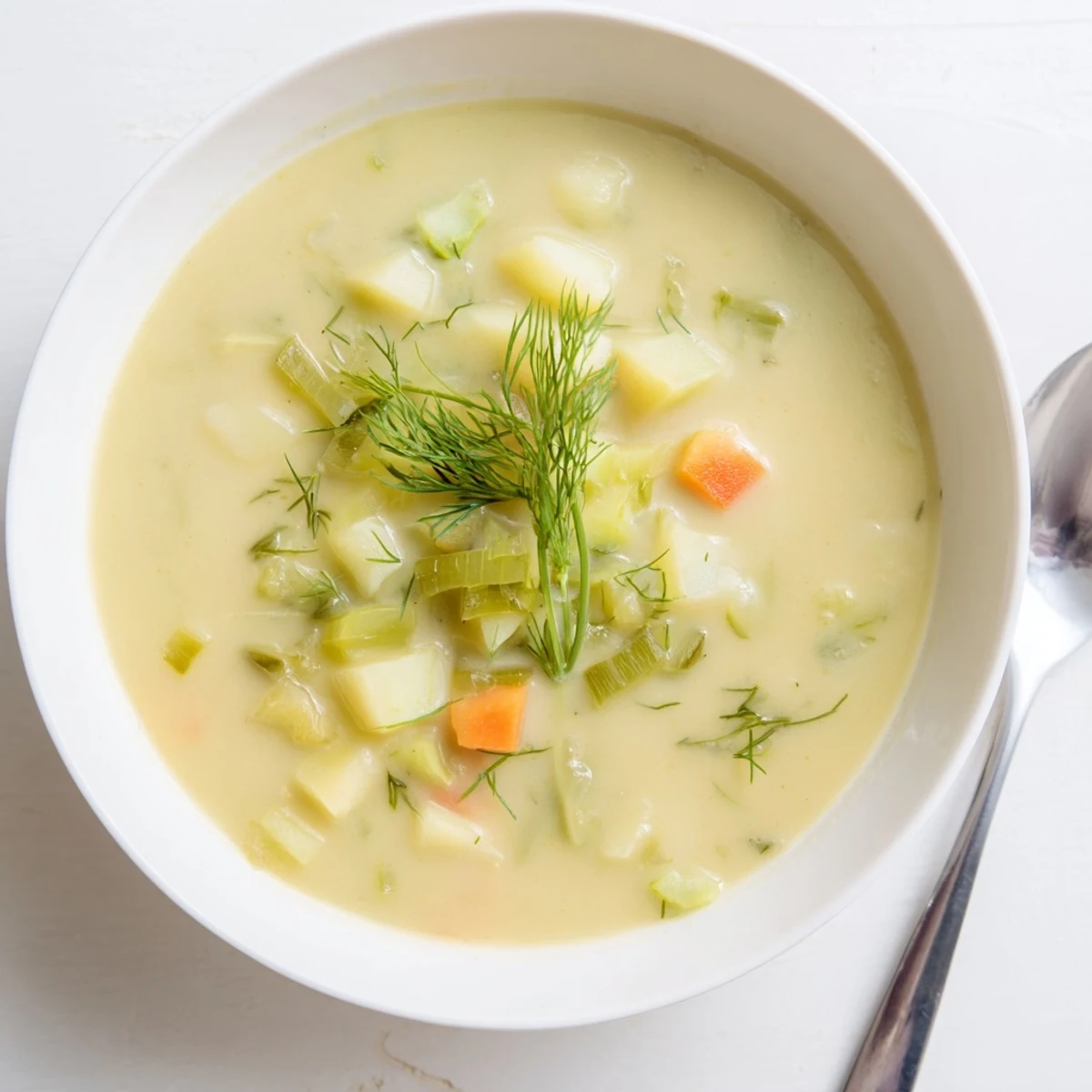 Warm creamy dill pickle soup, a comforting bowl of winter flavors with potato and dill.