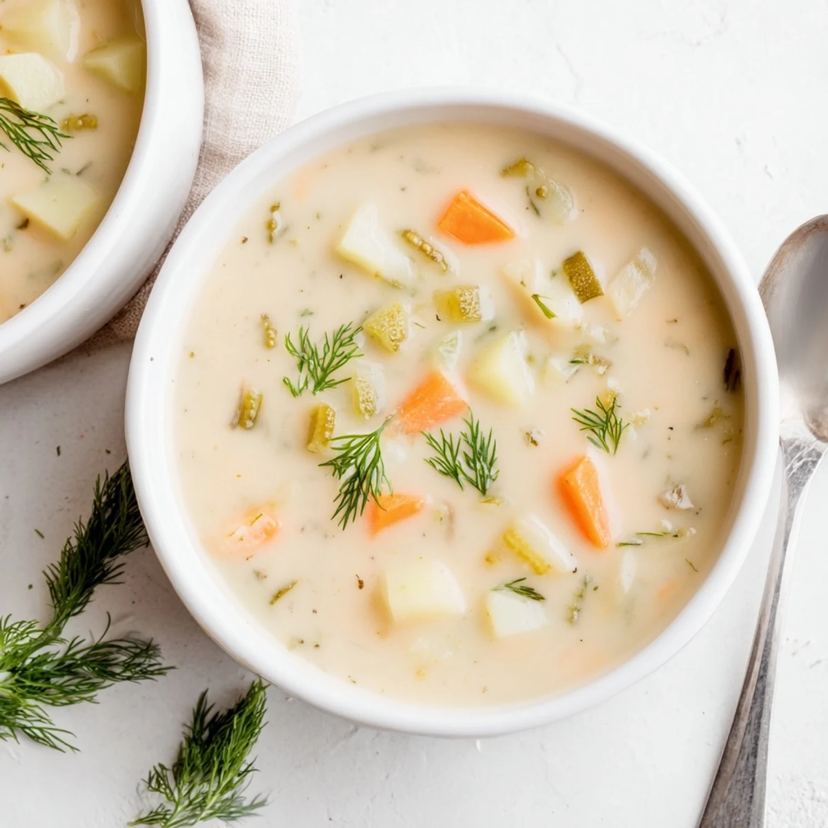 Close-up of hearty creamy dill pickle soup, smelling of pickles and fresh herbs, perfect for serving.