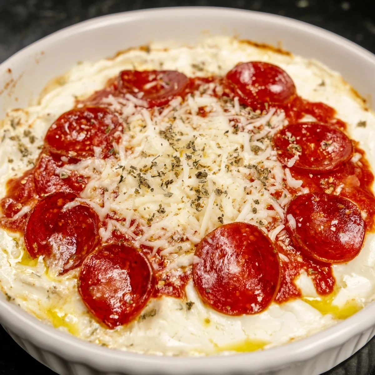 Warm, bubbling pizza dip topped with melted cheese and crispy pepperoni, ready to serve.
