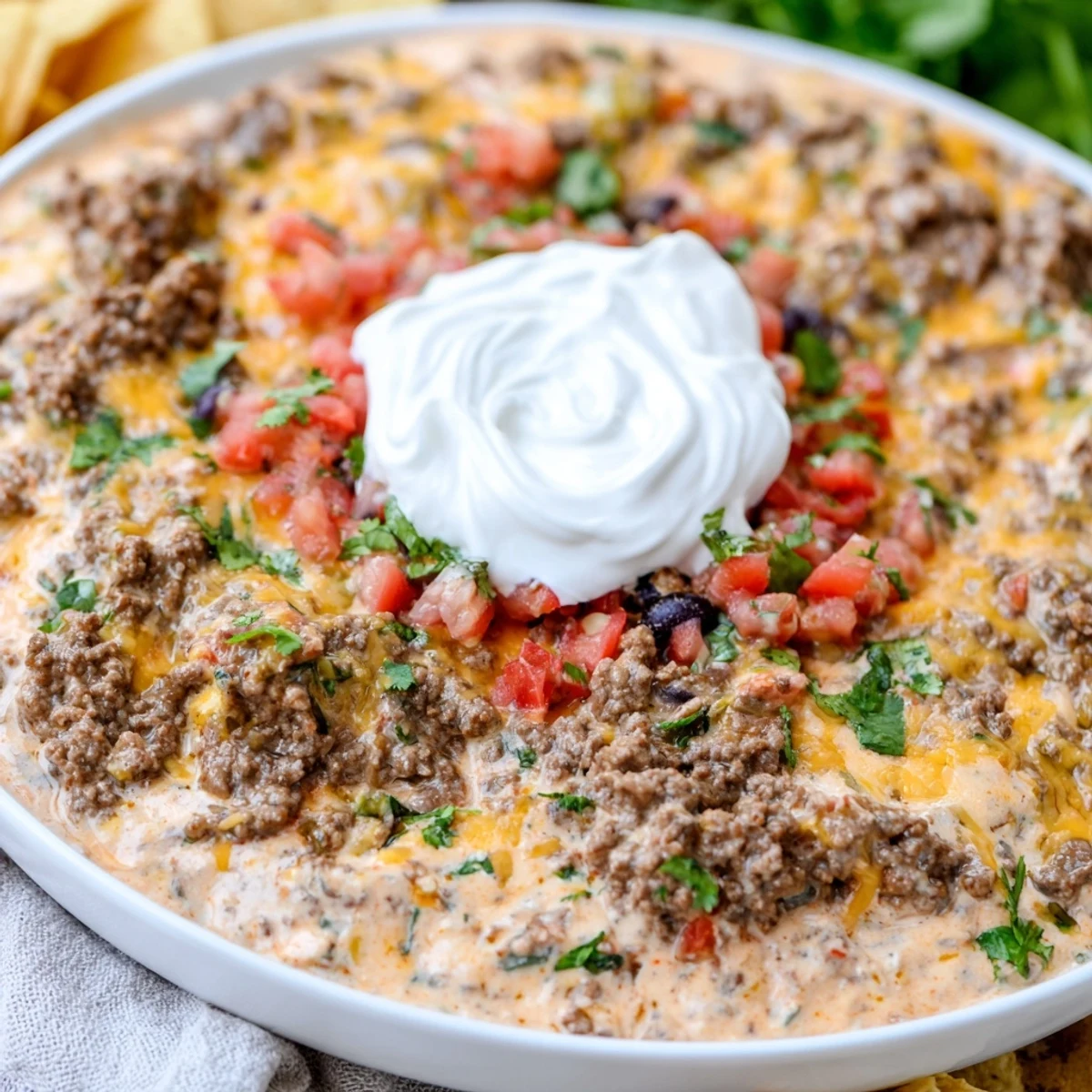 This warm slow cooker cream cheese taco dip features melted cheese and perfectly seasoned ground beef.