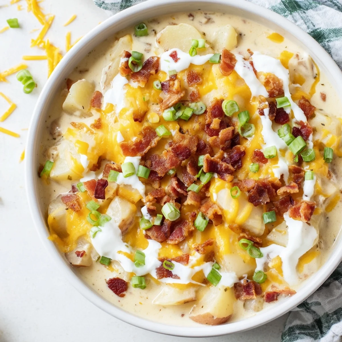 Crockpot Loaded Baked Potato Soup with bubbly cheese and bacon, delicious for a cozy evening.