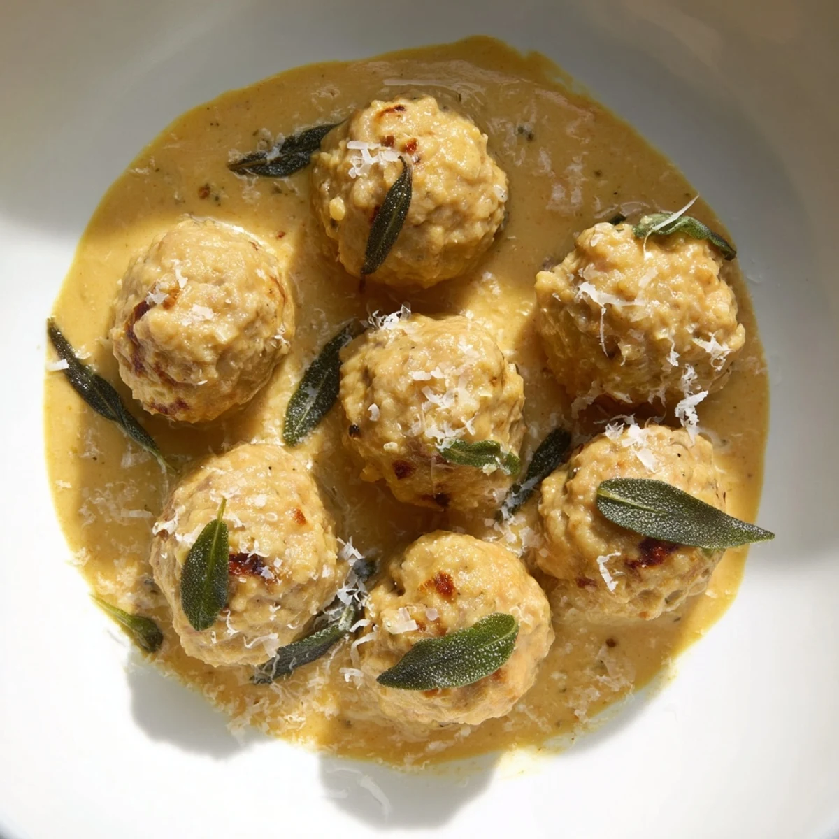 Creamy pumpkin sage sauce coats tender turkey meatballs, garnished with fresh sage leaves.