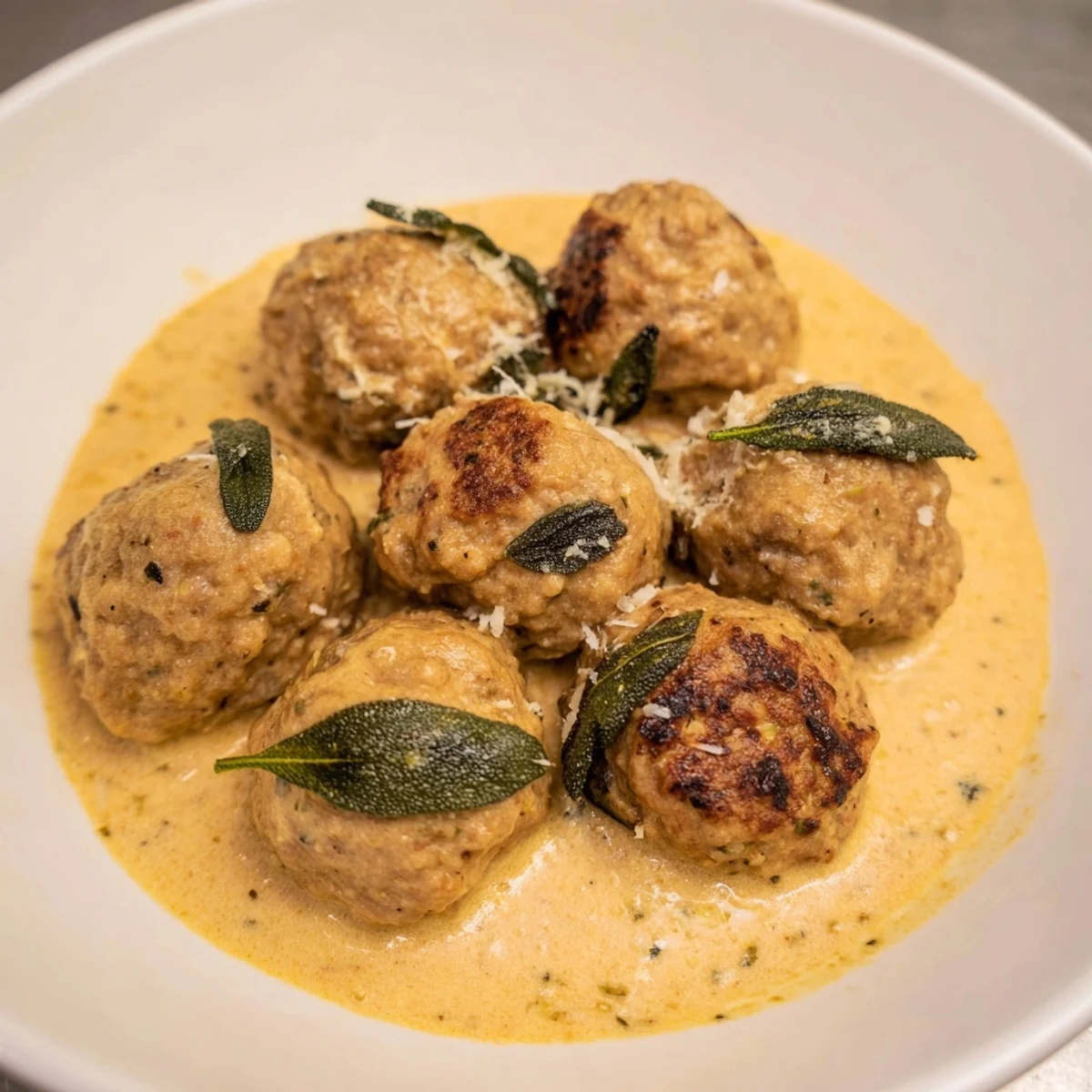 A close-up shot of steaming turkey meatballs in pumpkin sage sauce, ready for dinner.