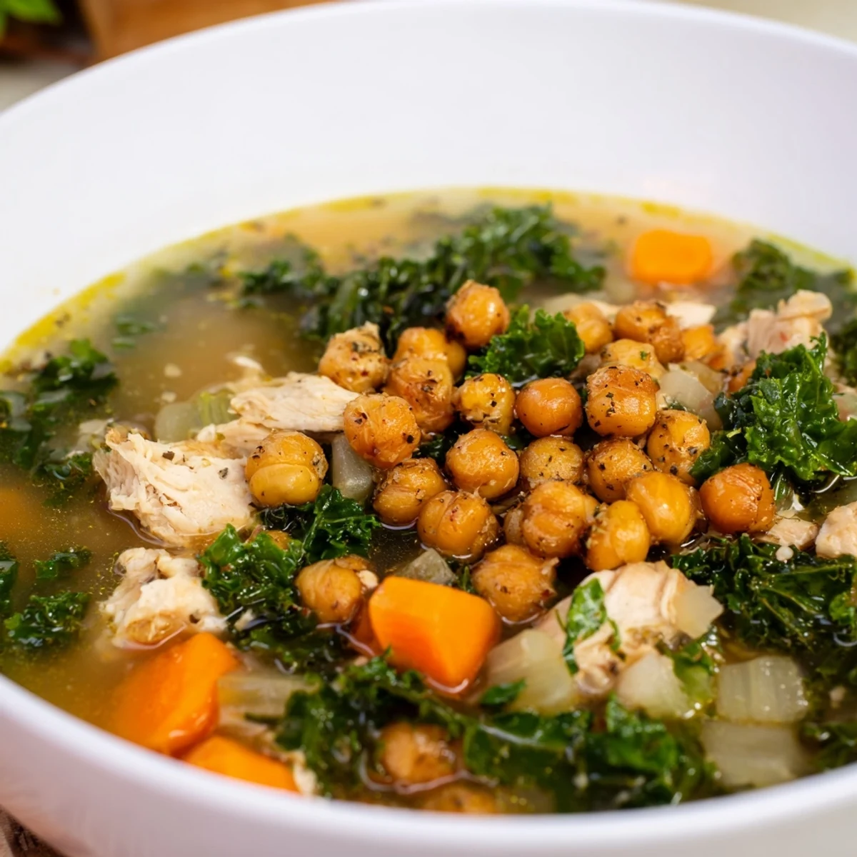 A steaming bowl of Chicken Kale Soup with crispy chickpeas offers a comforting, flavorful meal.