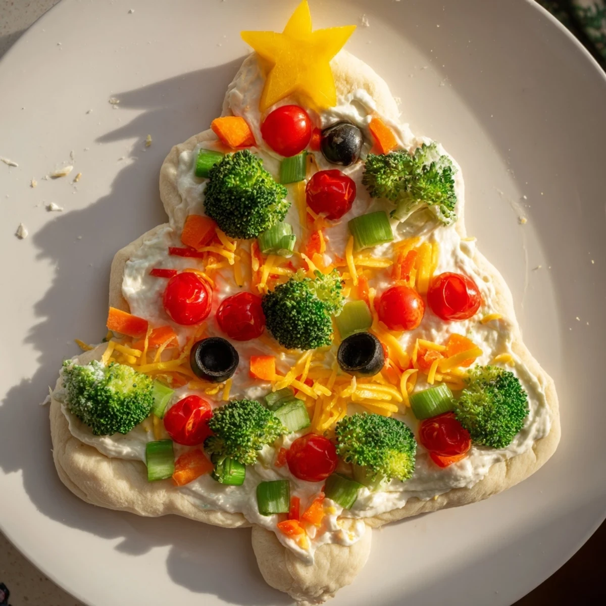 Easy Christmas Tree Veggie Pizza, bursting with colorful vegetables, perfect for a festive appetizer.