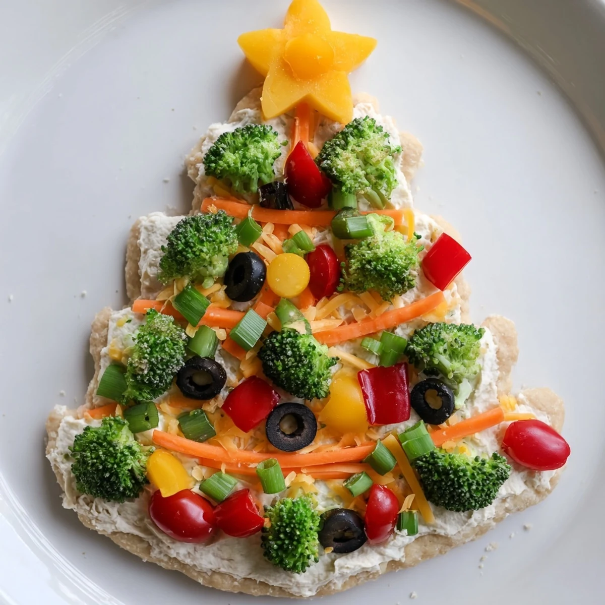 Enjoy a delicious bite of this Easy Christmas Tree Veggie Pizza appetizer, served cold and flavorful.