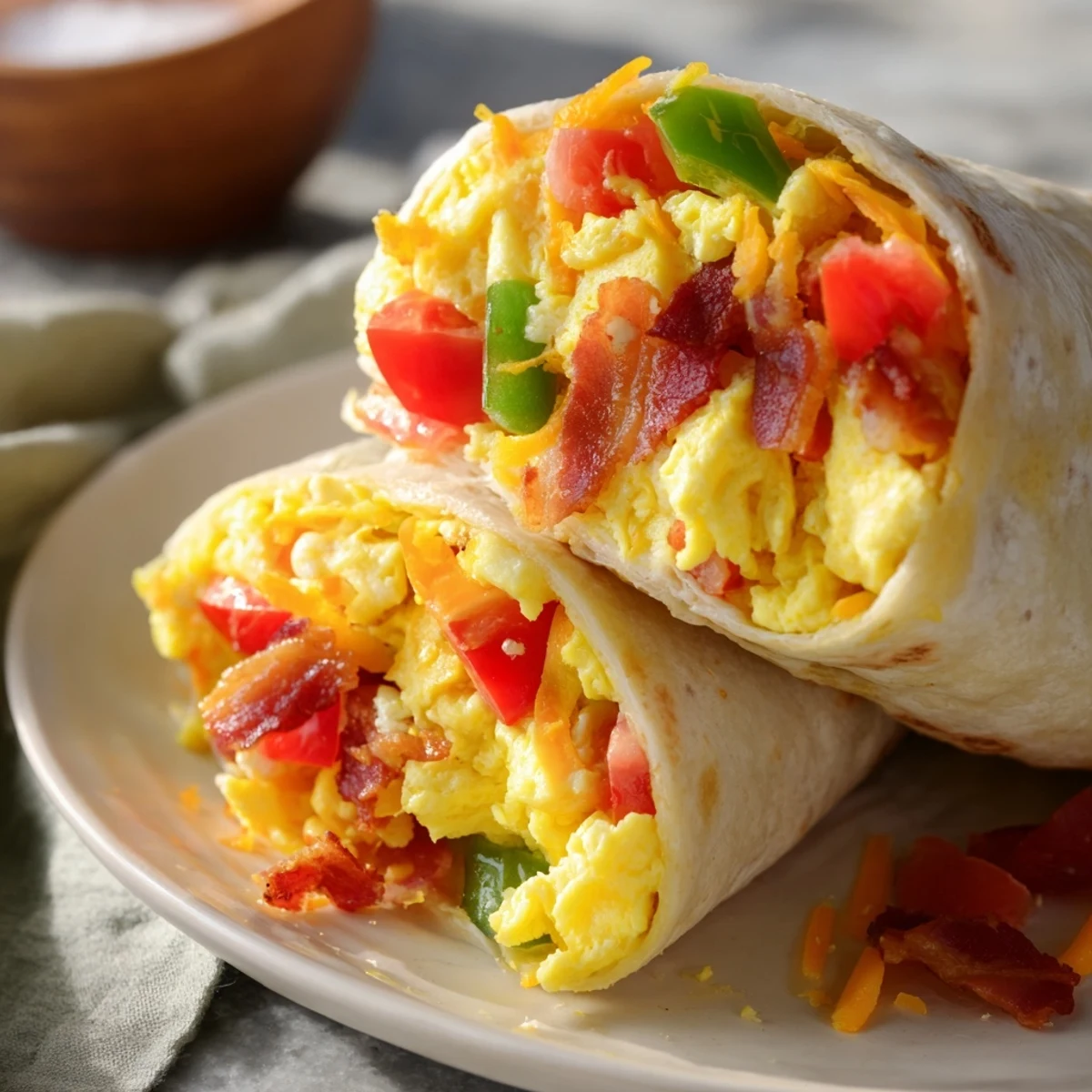 Warm, golden Easy Festive Breakfast Burrito Wraps filled with fluffy scrambled eggs and melted cheese, ready to eat.