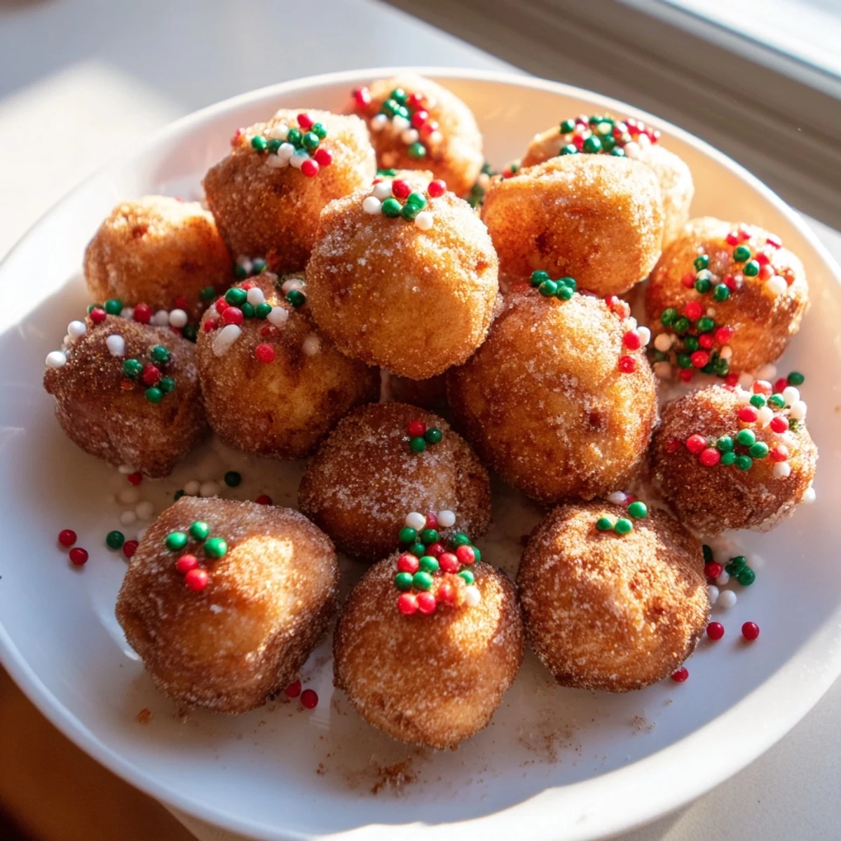 Golden, air fryer Christmas donut holes, sprinkled with festive cheer; a perfect holiday dessert.